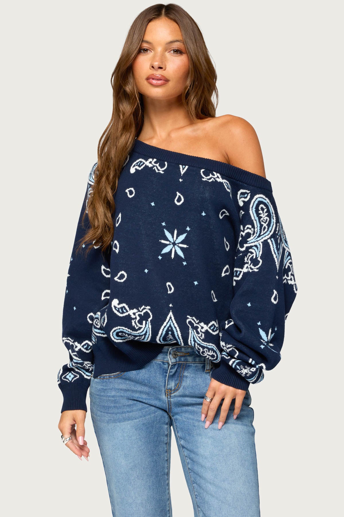 Faiga Off Shoulder Bandana Print Sweater - NAVY