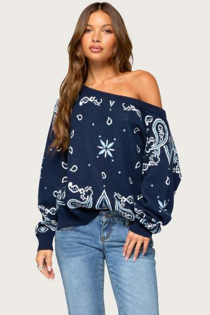 Faiga Off Shoulder Bandana Print Sweater - NAVY
