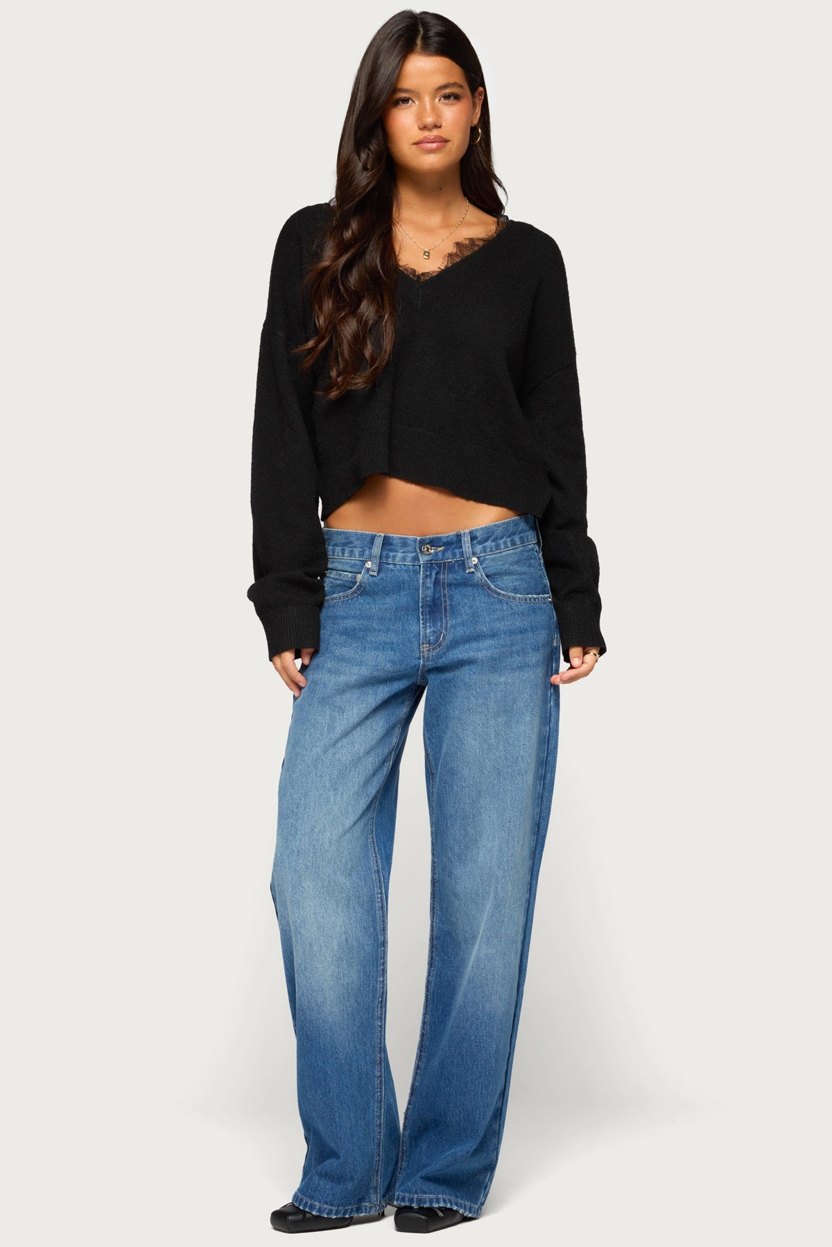 Audrinnah Lacey V Neck Sweater - BLACK