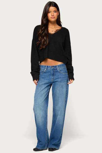 Audrinnah Lacey V Neck Sweater - BLACK