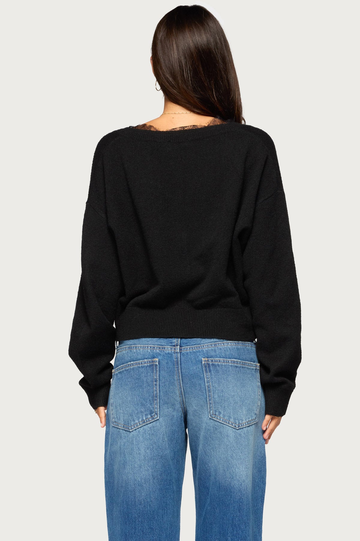 Audrinnah Lacey V Neck Sweater - BLACK