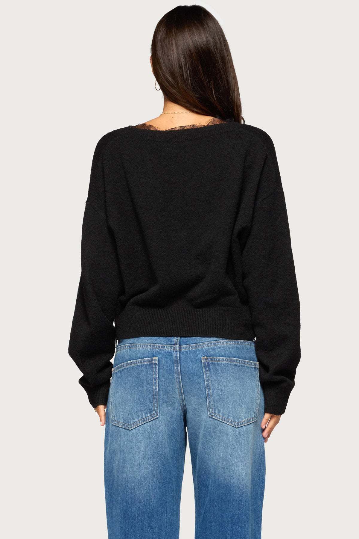 Audrinnah Lacey V Neck Sweater - BLACK