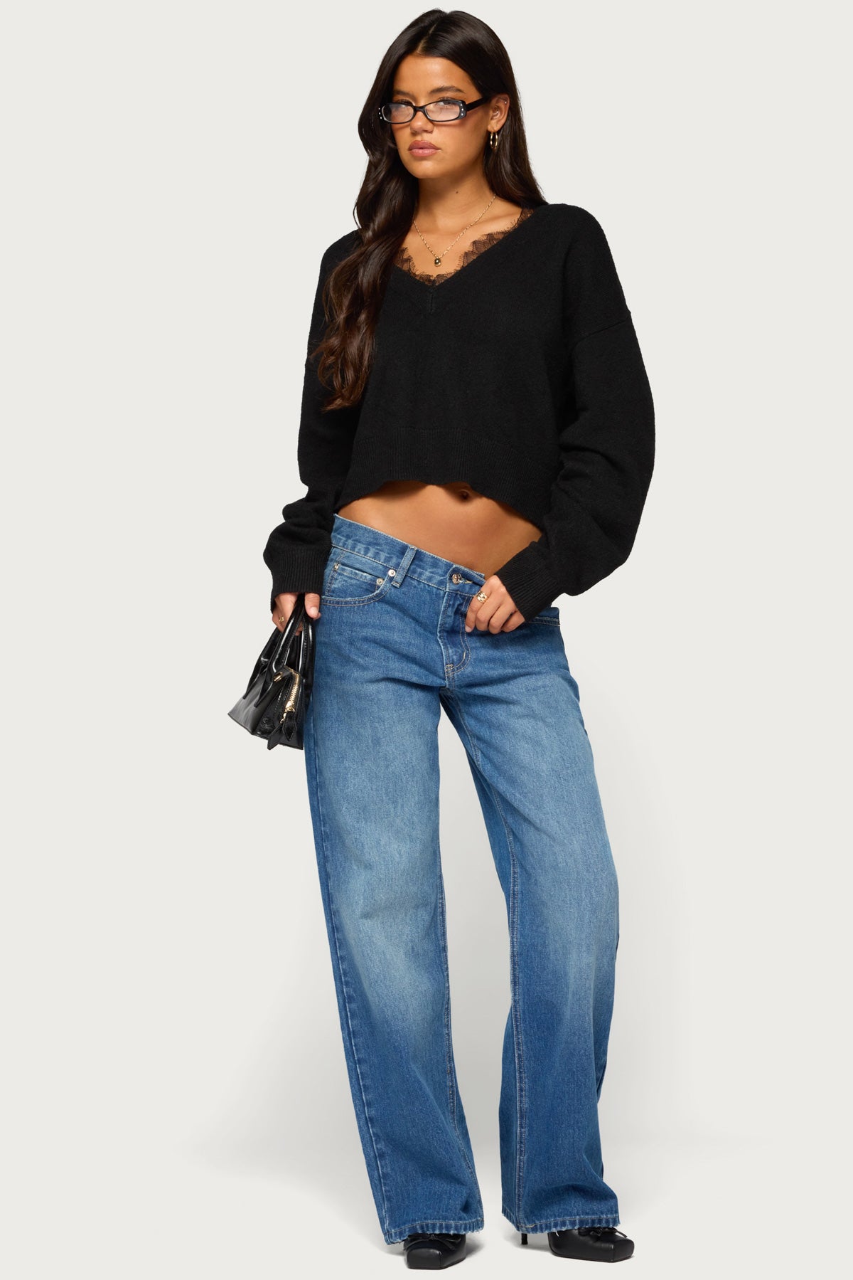 Audrinnah Lacey V Neck Sweater - BLACK