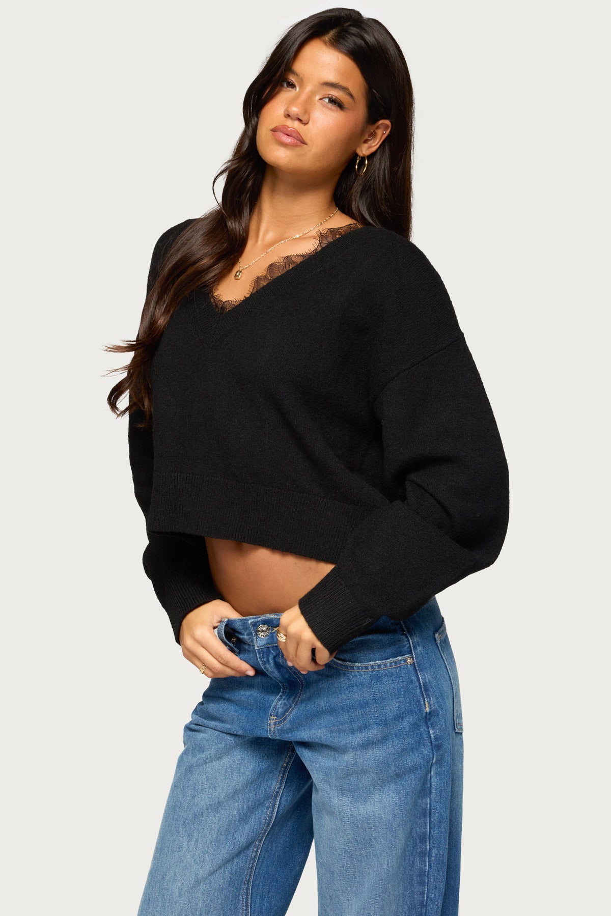 Audrinnah Lacey V Neck Sweater - BLACK