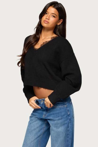 Audrinnah Lacey V Neck Sweater - BLACK