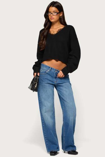 Audrinnah Lacey V Neck Sweater - BLACK