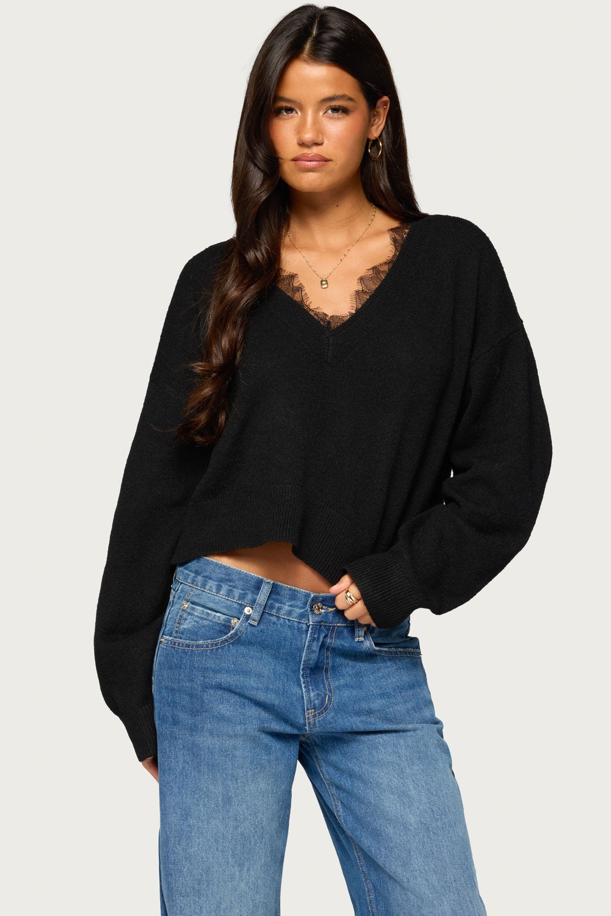 Audrinnah Lacey V Neck Sweater - BLACK