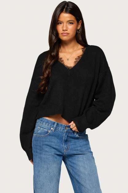 Audrinnah Lacey V Neck Sweater - BLACK
