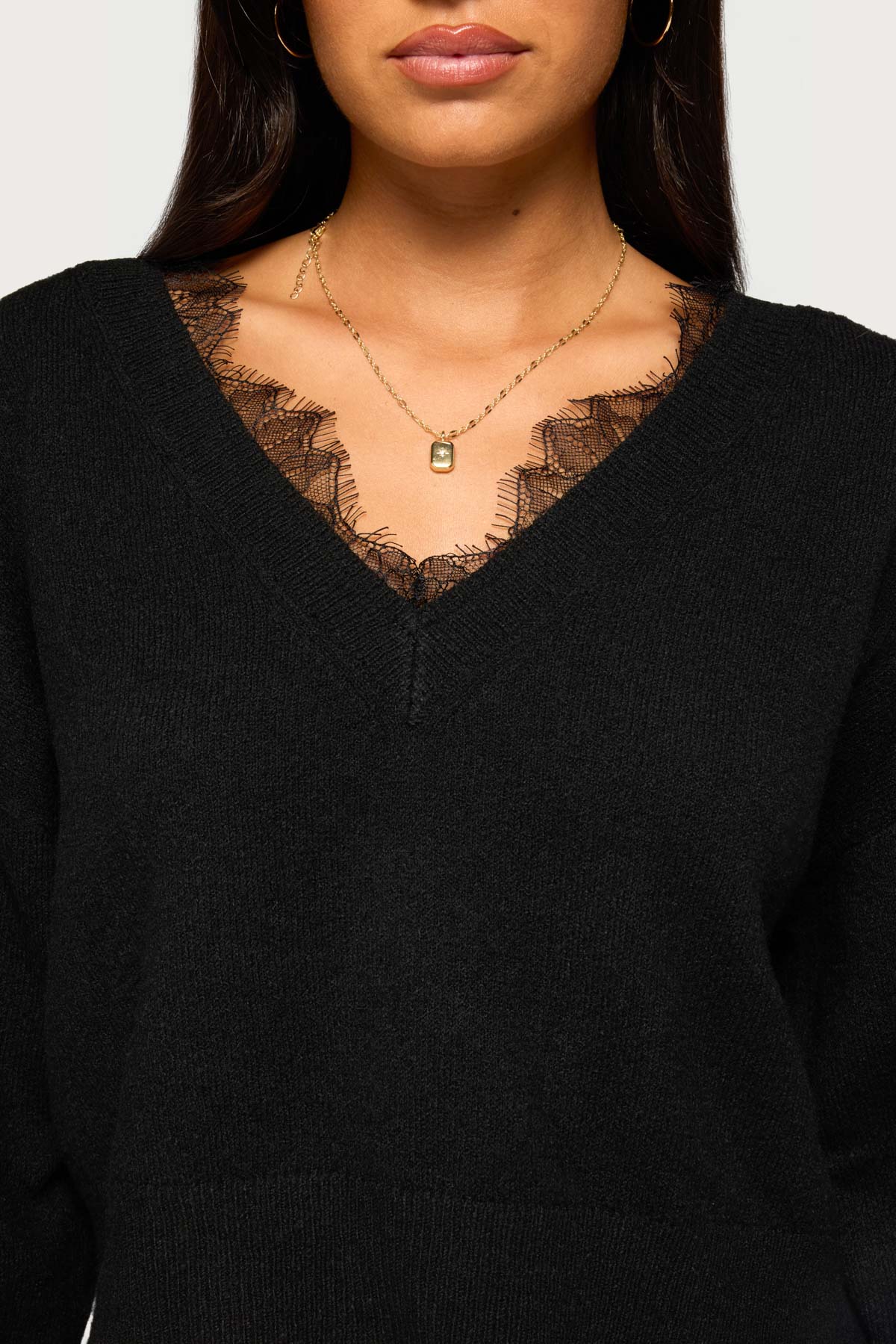 Audrinnah Lacey V Neck Sweater - BLACK
