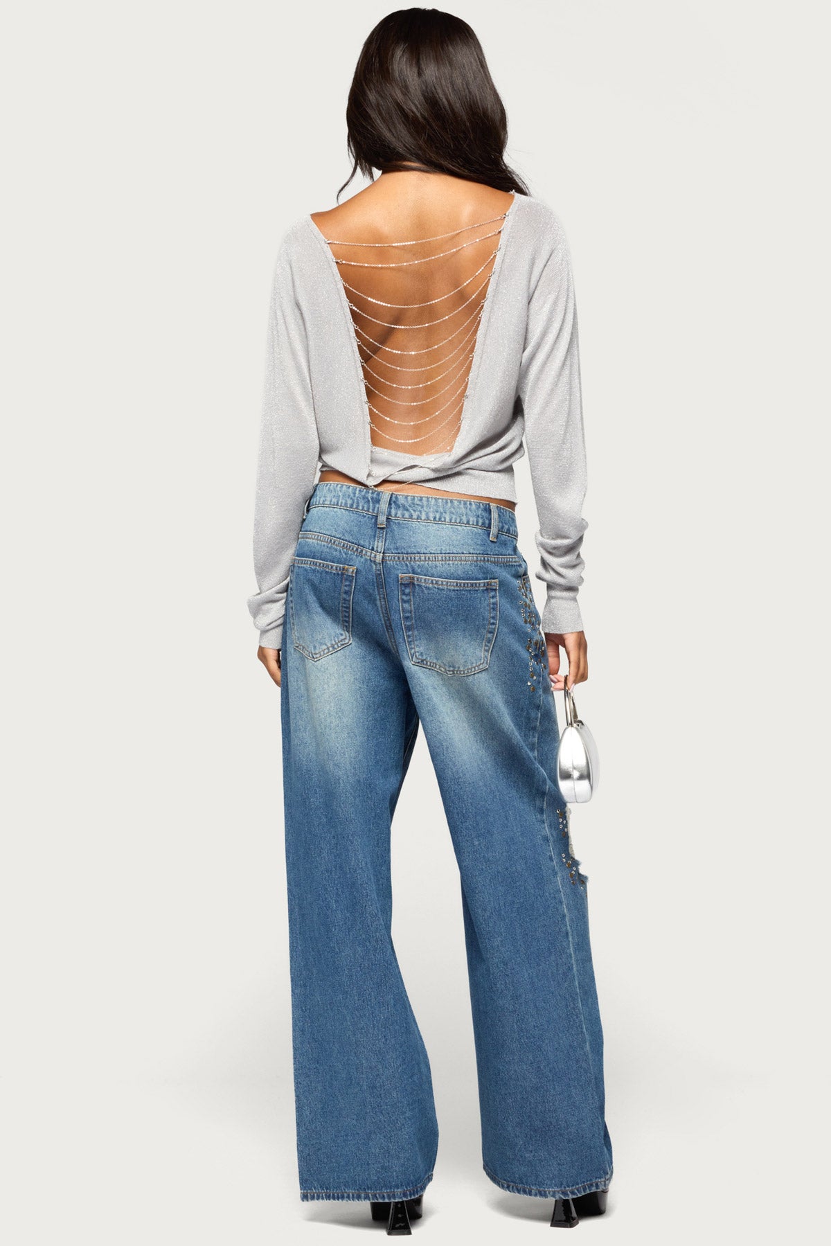 Tamzin Shiny Knit Chain Sweater - SILVER