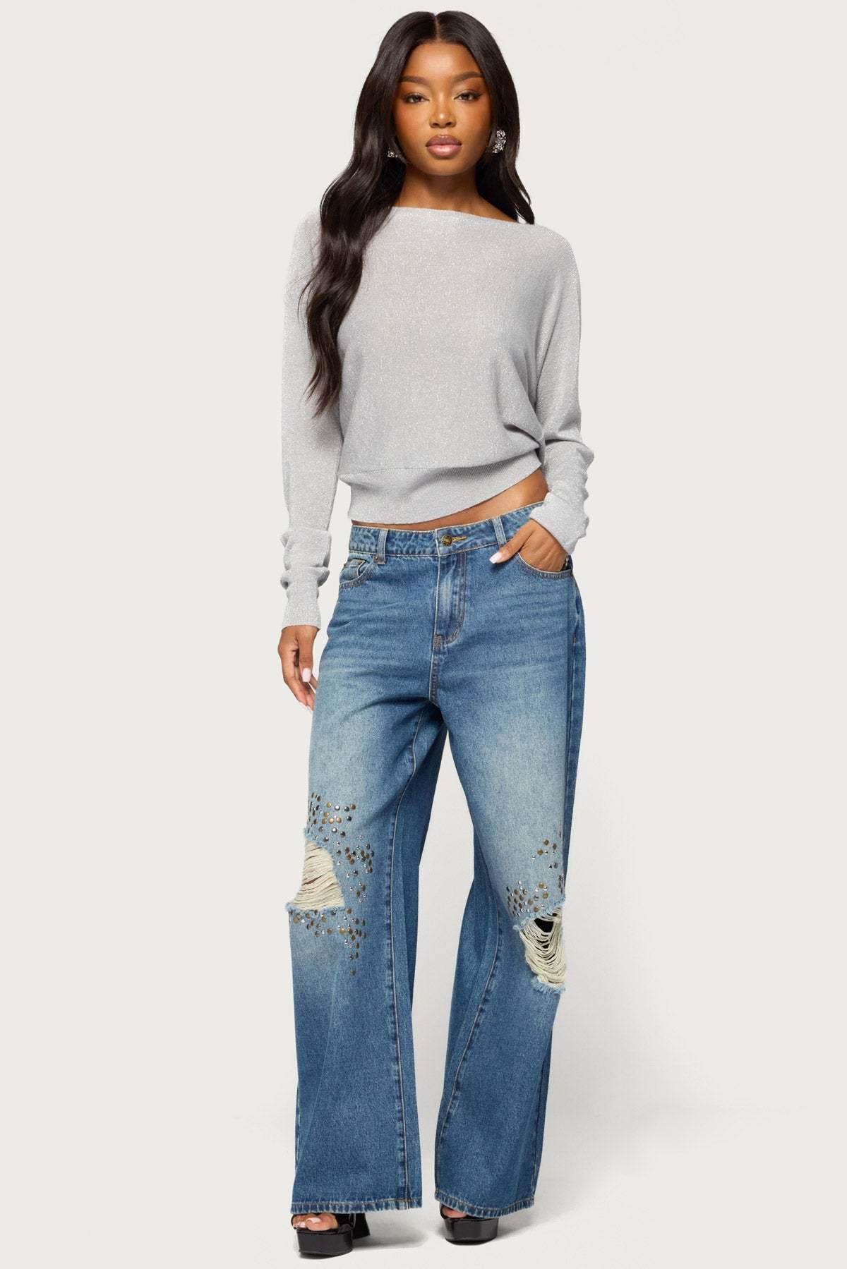 Tamzin Shiny Knit Chain Sweater - SILVER