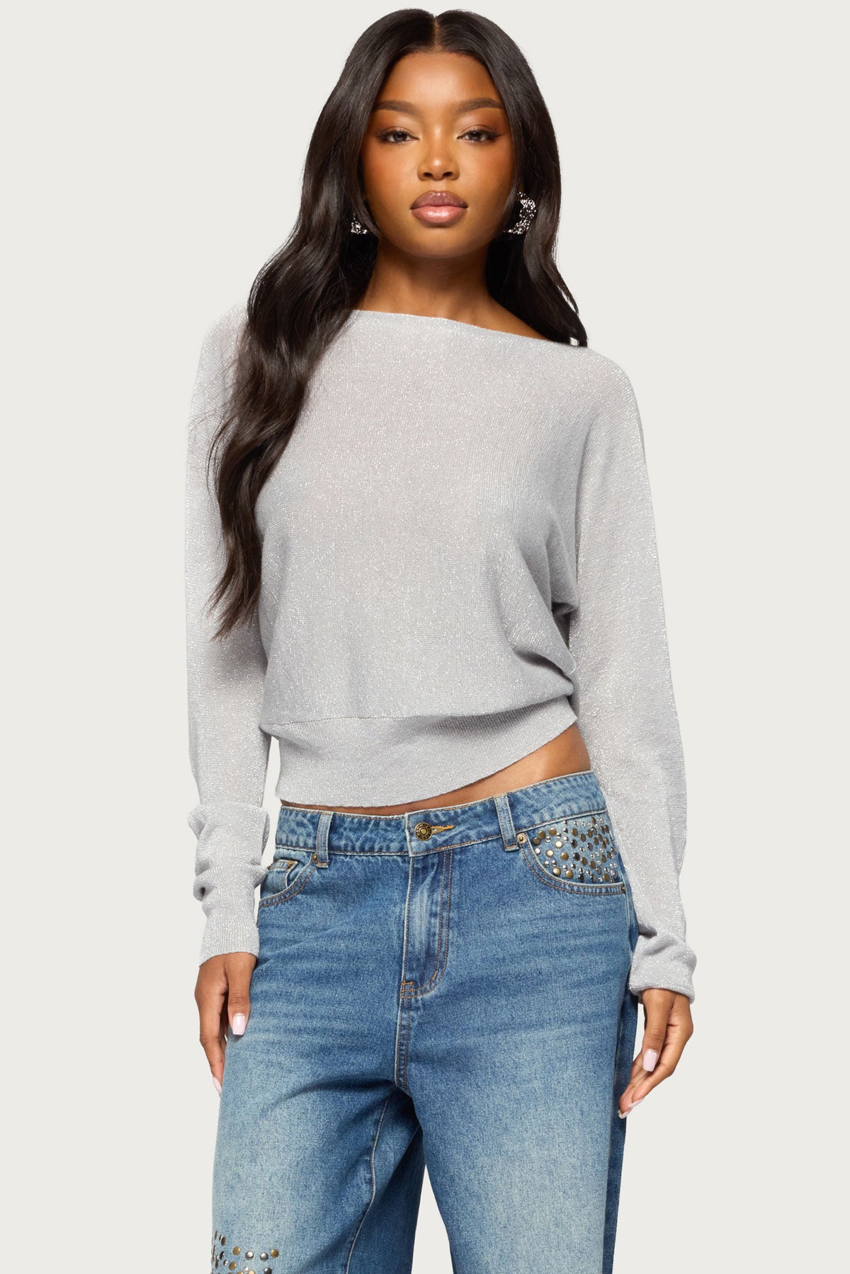 Tamzin Shiny Knit Chain Sweater - SILVER