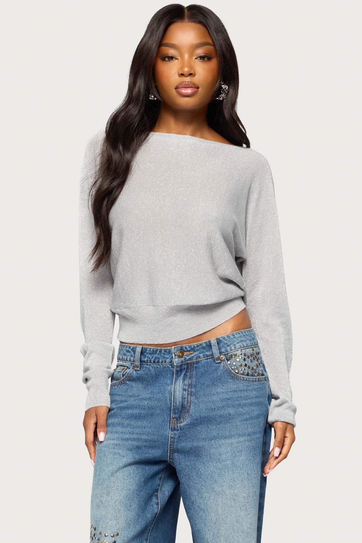 Tamzin Shiny Knit Chain Sweater - SILVER