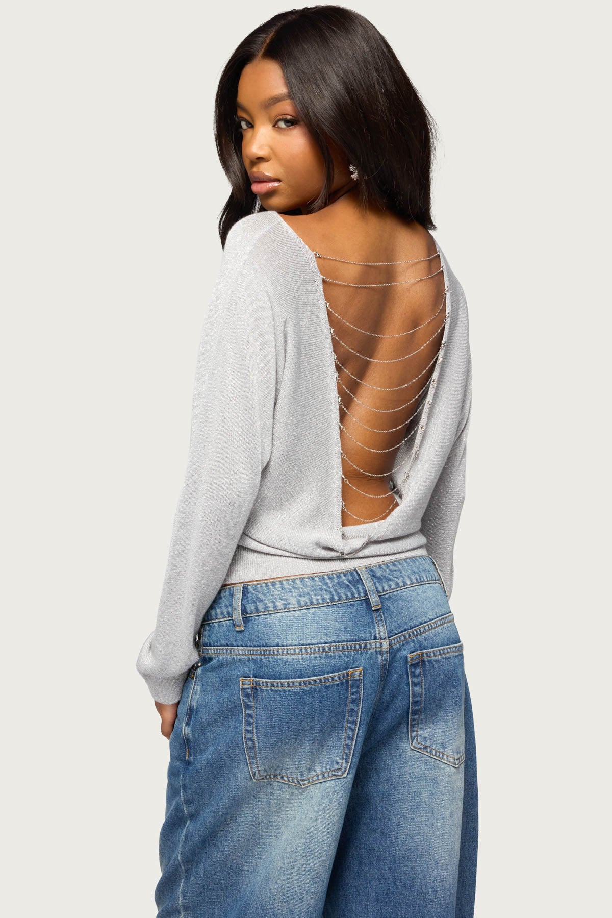 Tamzin Shiny Knit Chain Sweater - SILVER