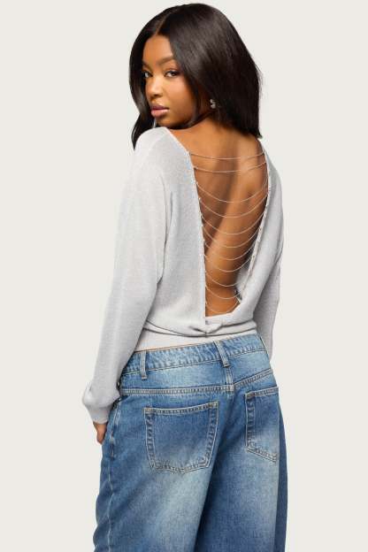 Tamzin Shiny Knit Chain Sweater - SILVER