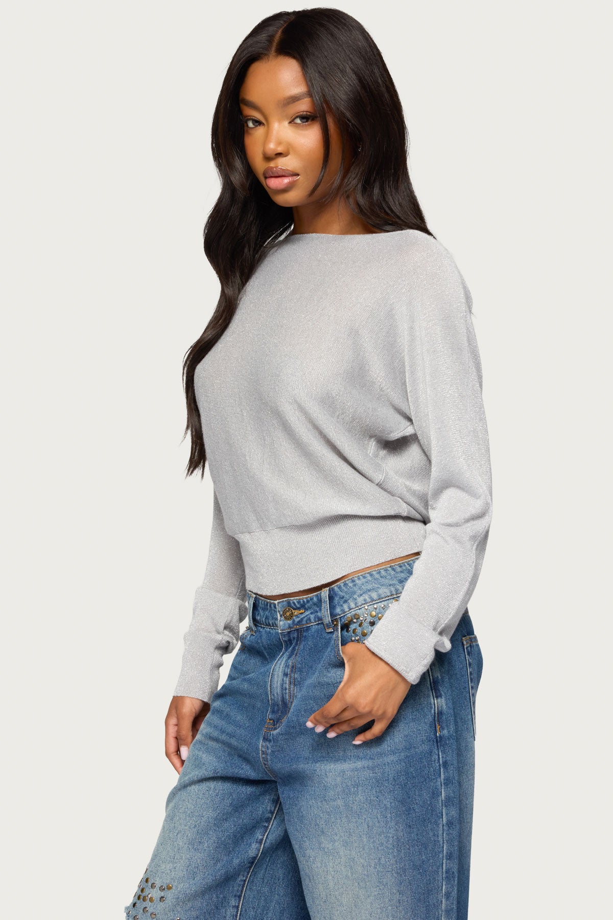 Tamzin Shiny Knit Chain Sweater - SILVER