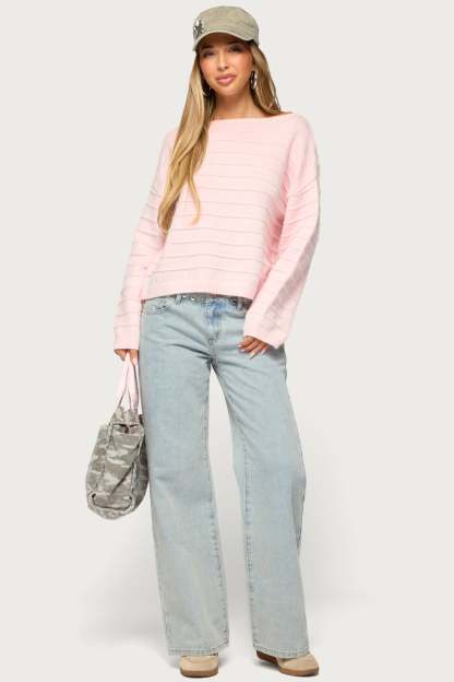 Raylee Textured Knit Striped Sweater - LIGHT-PINK