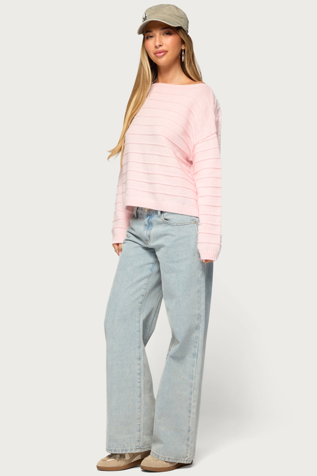 Raylee Textured Knit Striped Sweater - LIGHT-PINK