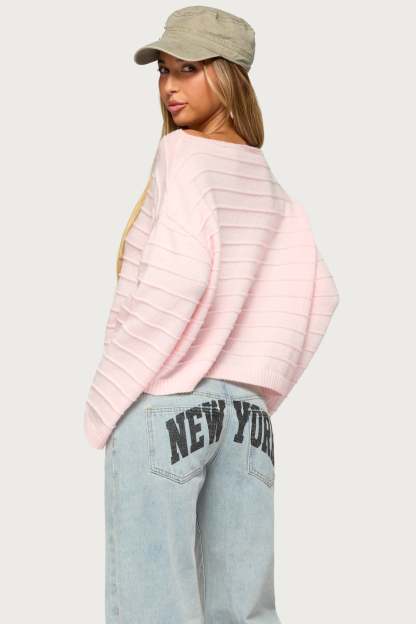 Raylee Textured Knit Striped Sweater - LIGHT-PINK