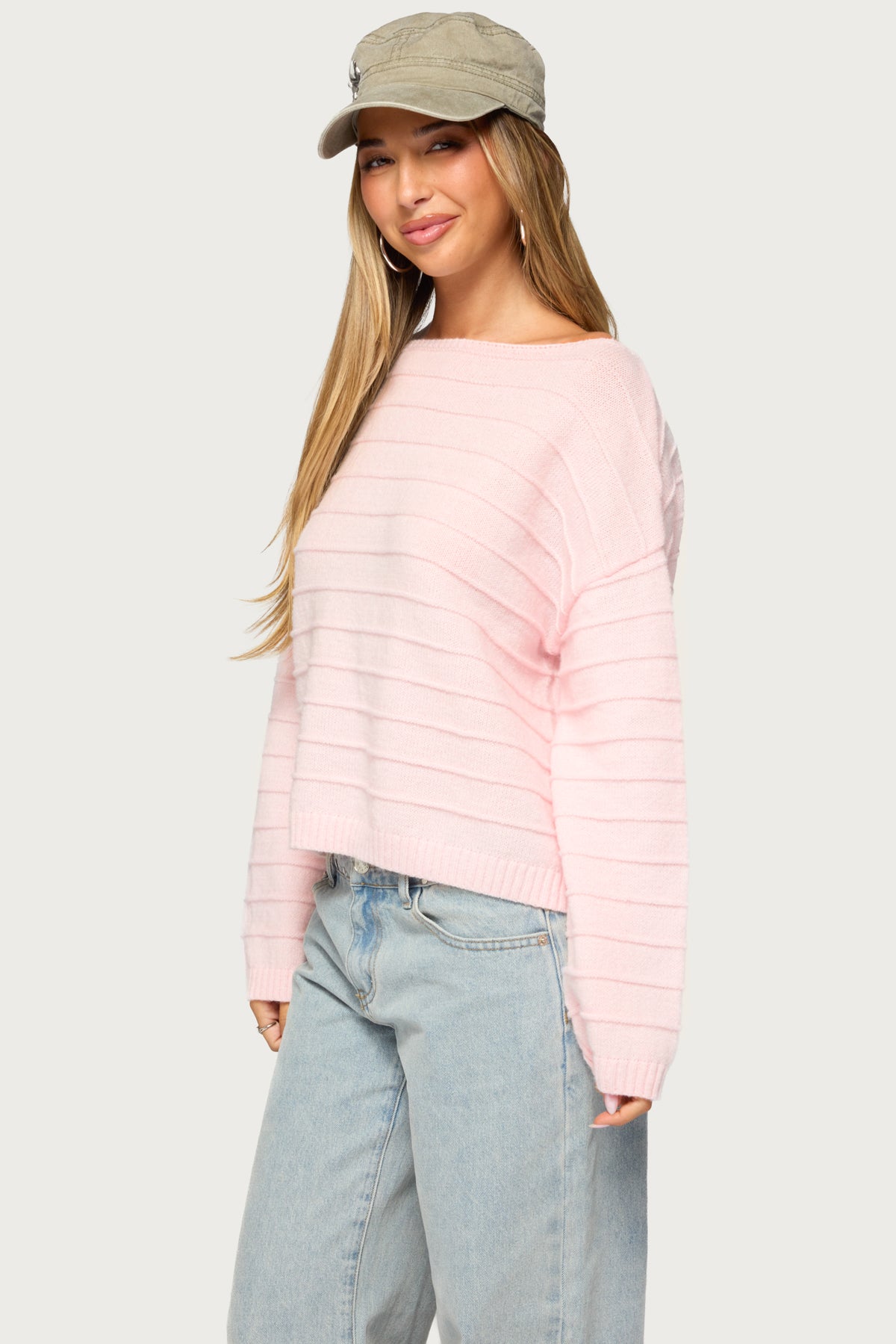 Raylee Textured Knit Striped Sweater - LIGHT-PINK