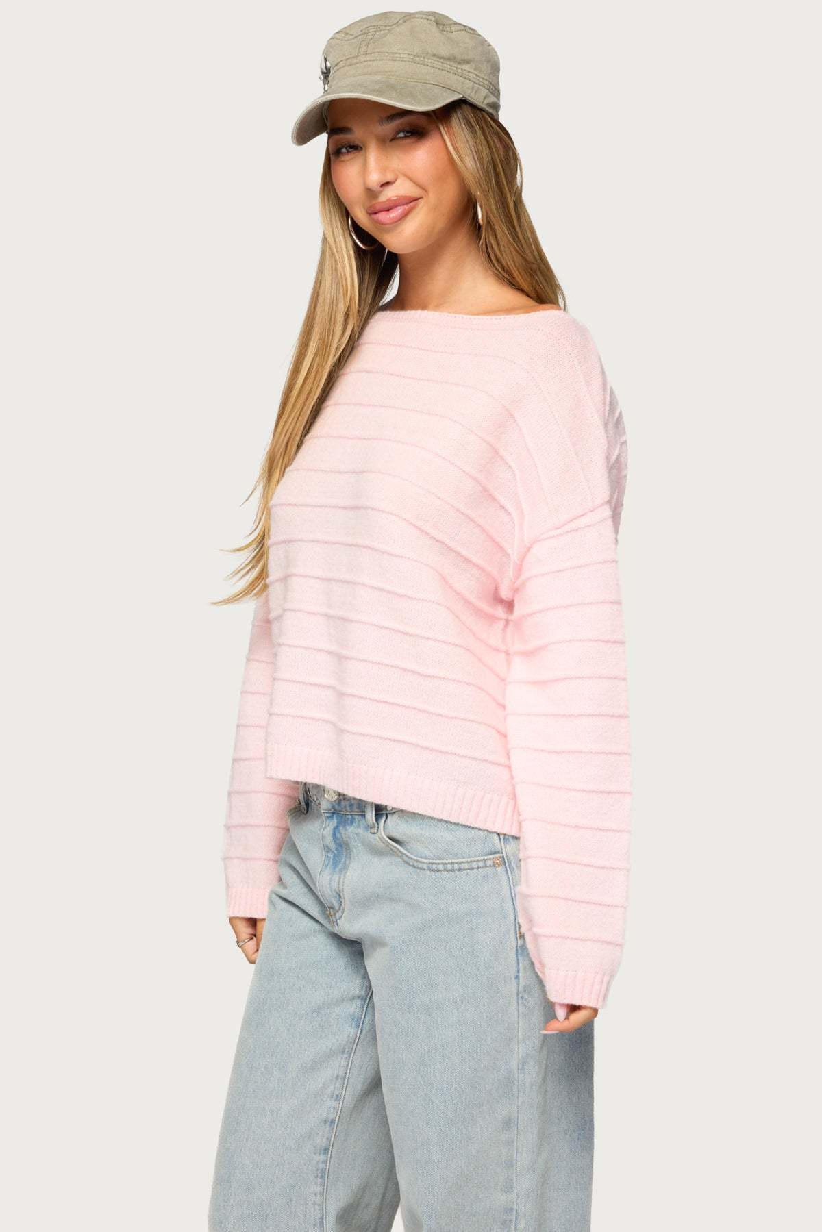 Raylee Textured Knit Striped Sweater - LIGHT-PINK