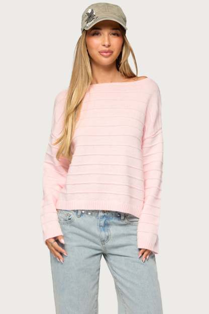 Raylee Textured Knit Striped Sweater - LIGHT-PINK