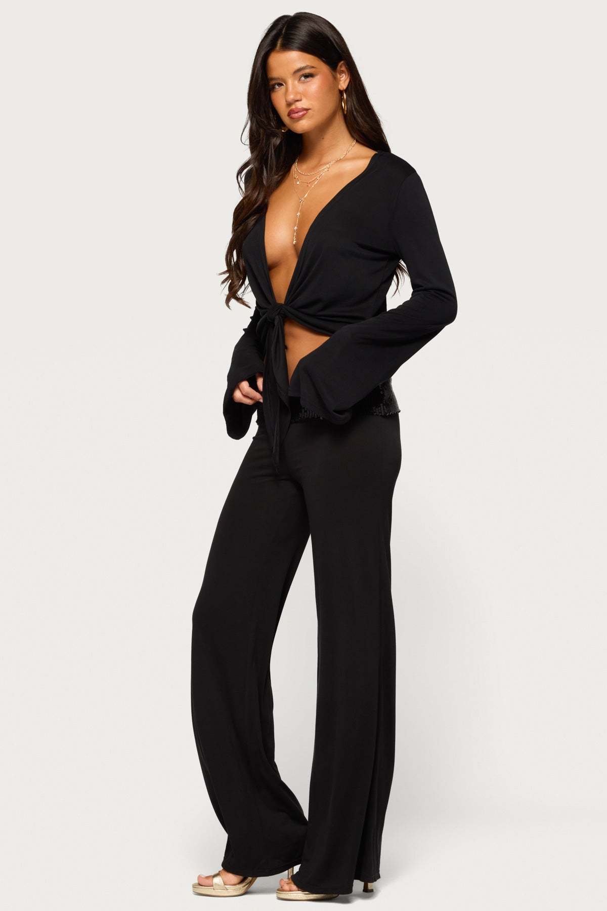 Moni Low Rise Foldover Sequin Pants - BLACK