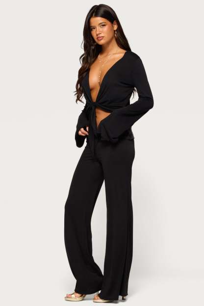 Moni Low Rise Foldover Sequin Pants - BLACK