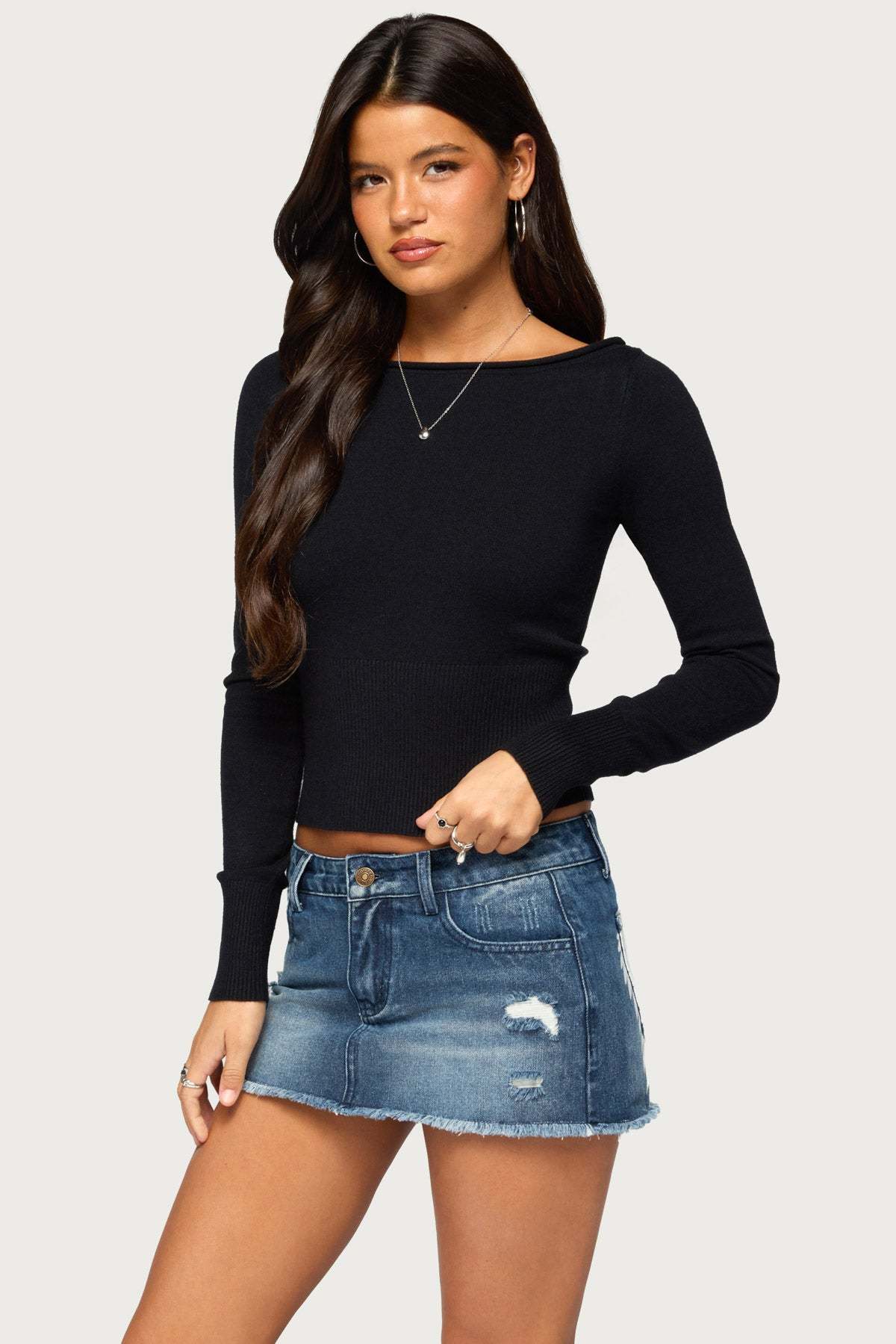 Sharley Rolled Knit Sweater - BLACK