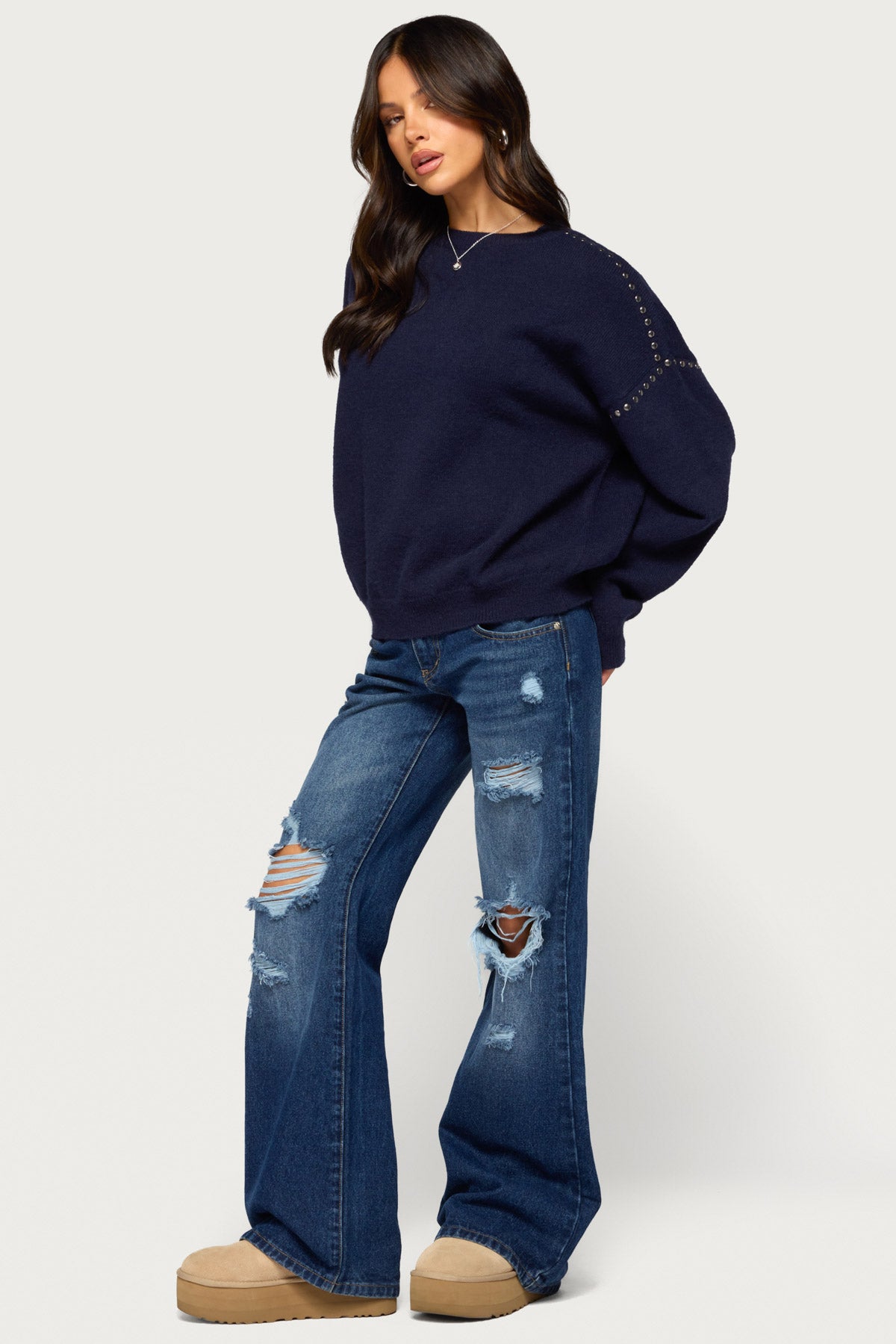 Camillah Studded Knit Sweater - NAVY