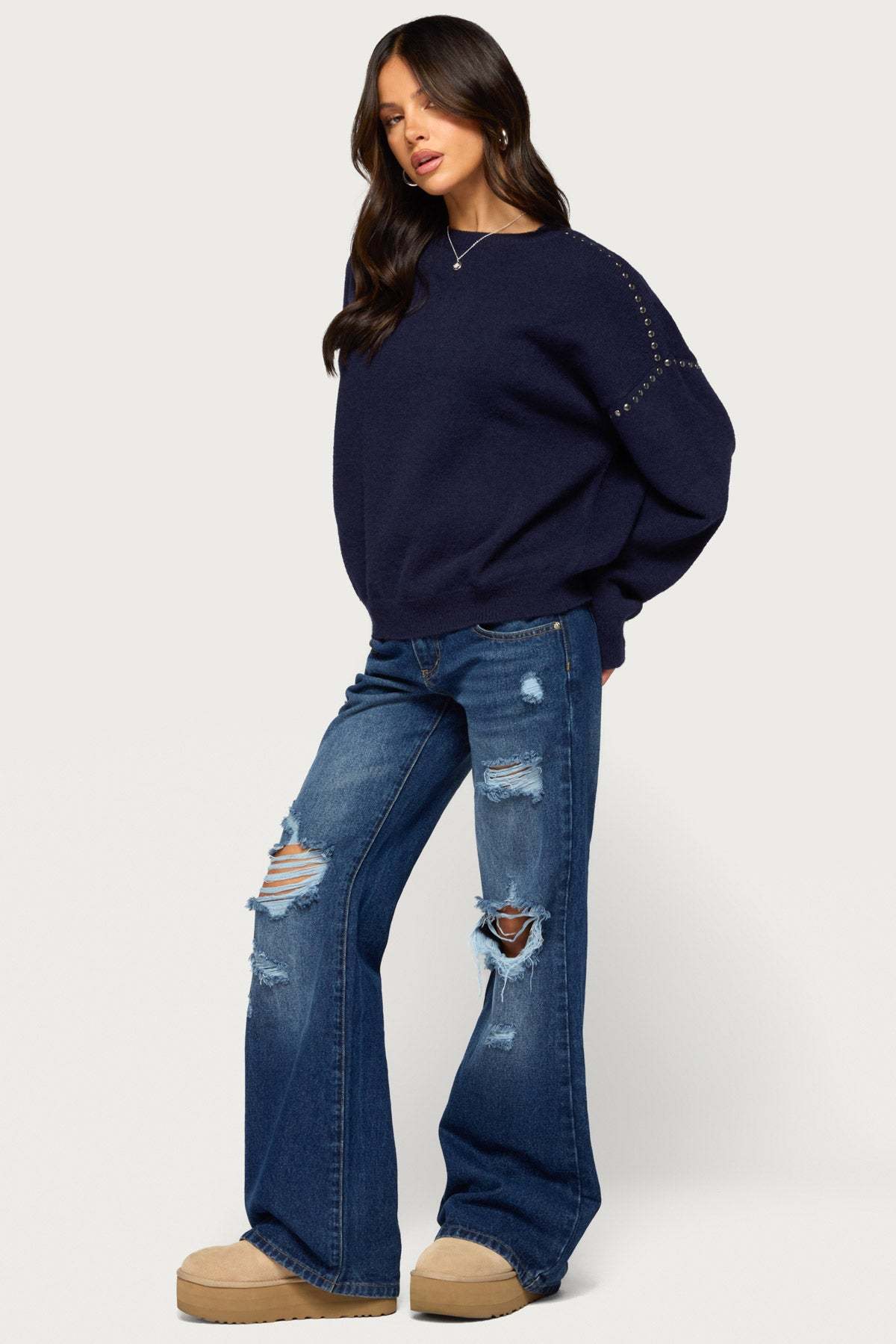 Camillah Studded Knit Sweater - NAVY