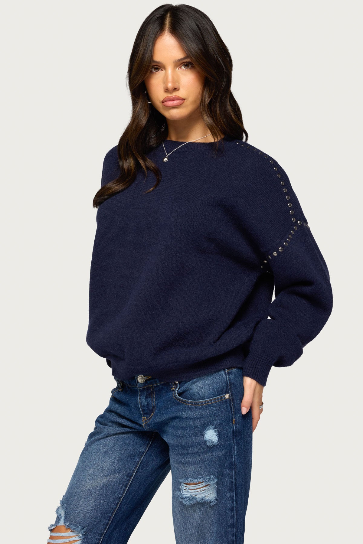 Camillah Studded Knit Sweater - NAVY