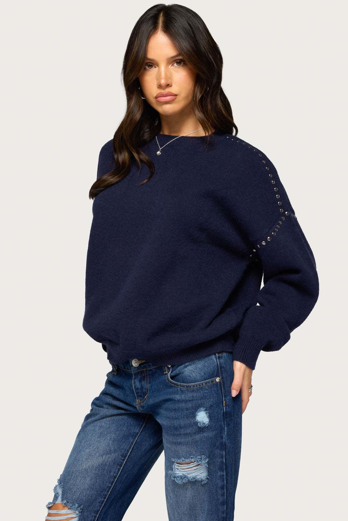 Camillah Studded Knit Sweater - NAVY