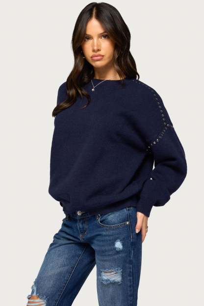 Camillah Studded Knit Sweater - NAVY