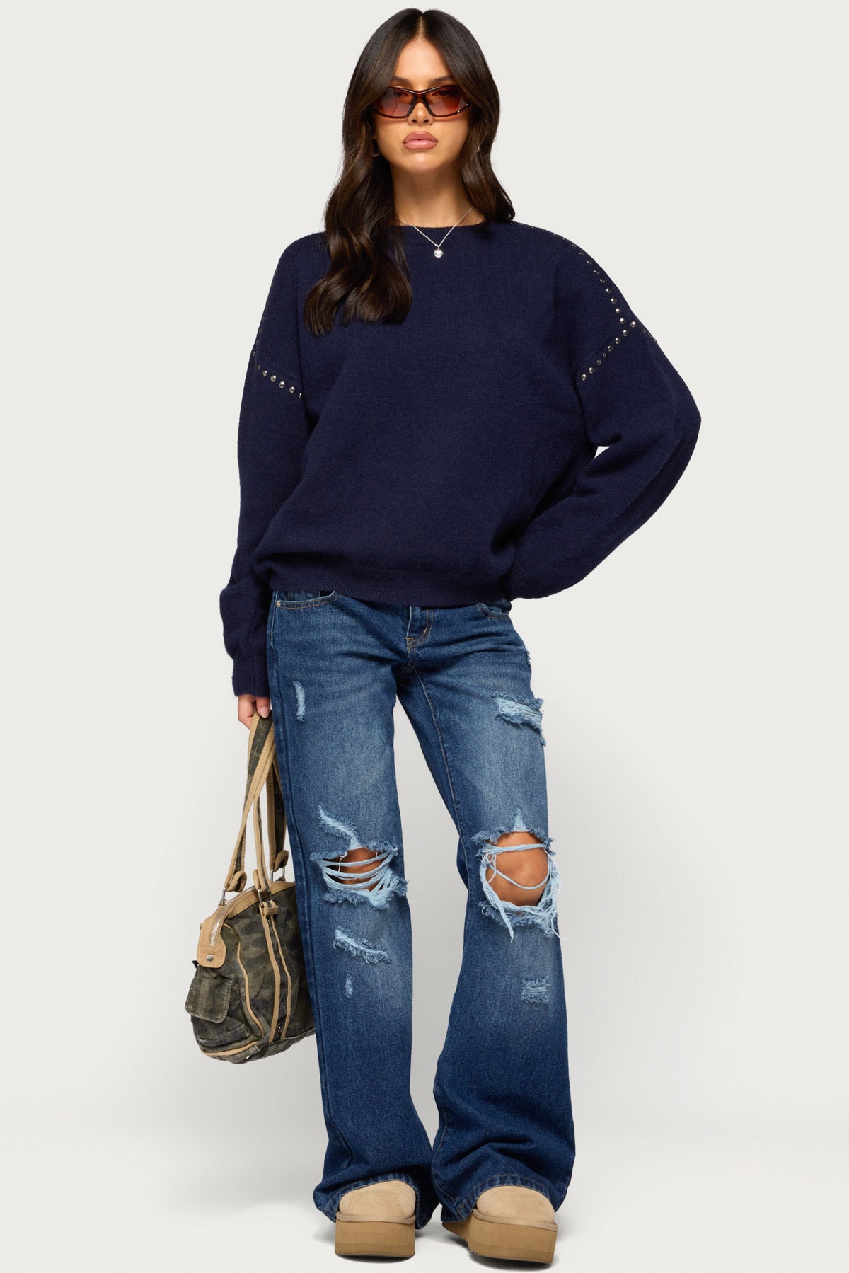 Camillah Studded Knit Sweater - NAVY