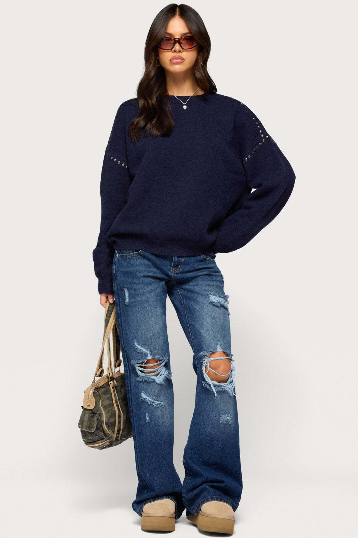 Camillah Studded Knit Sweater - NAVY