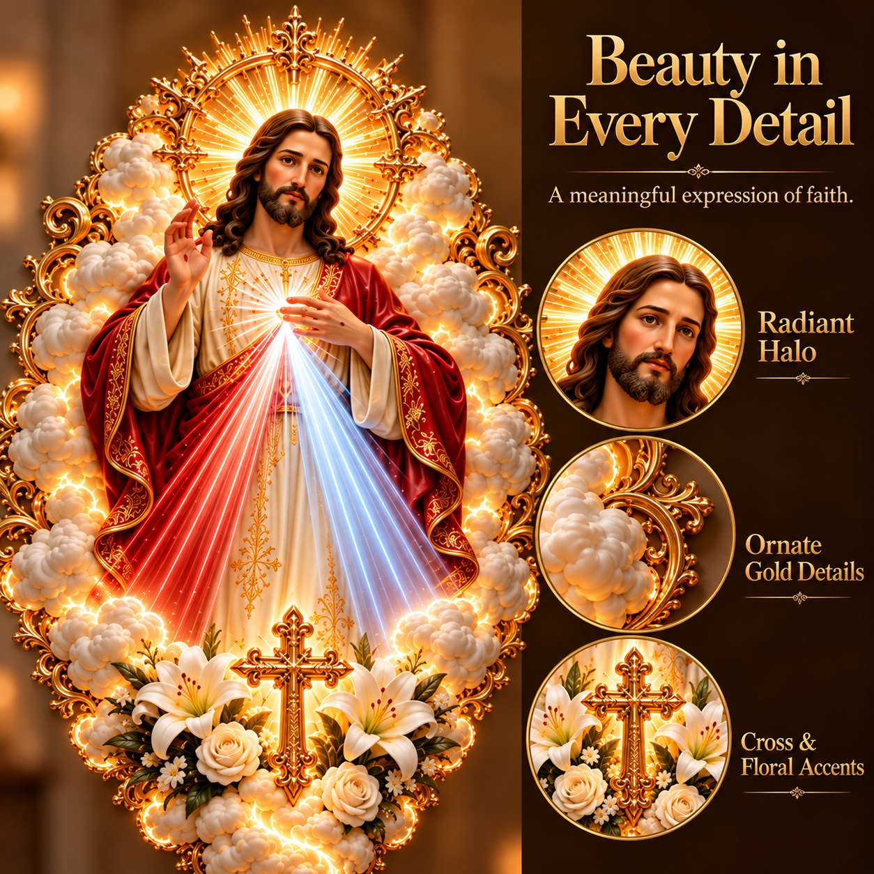 Divine Mercy Jesus wall art detail with red blue rays lilies and golden accents