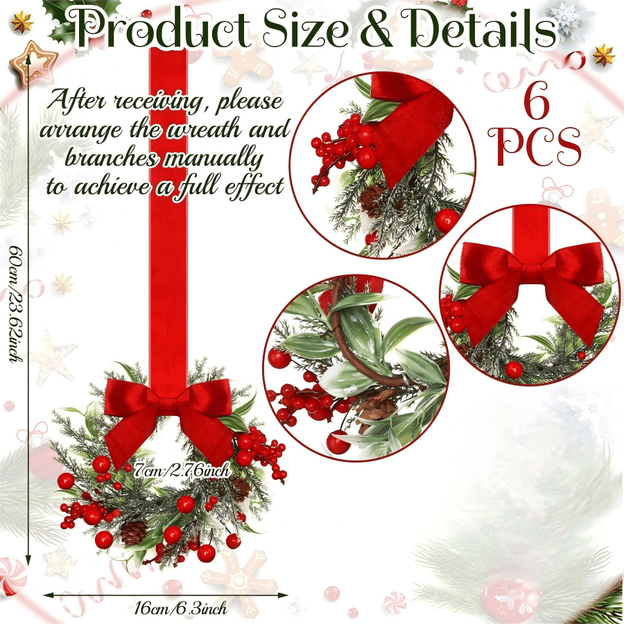 Christmas Mini Window Wreaths with Ribbon Bows & Red Berries