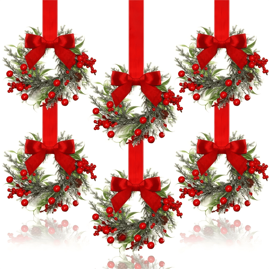 Christmas Mini Window Wreaths with Ribbon Bows & Red Berries
