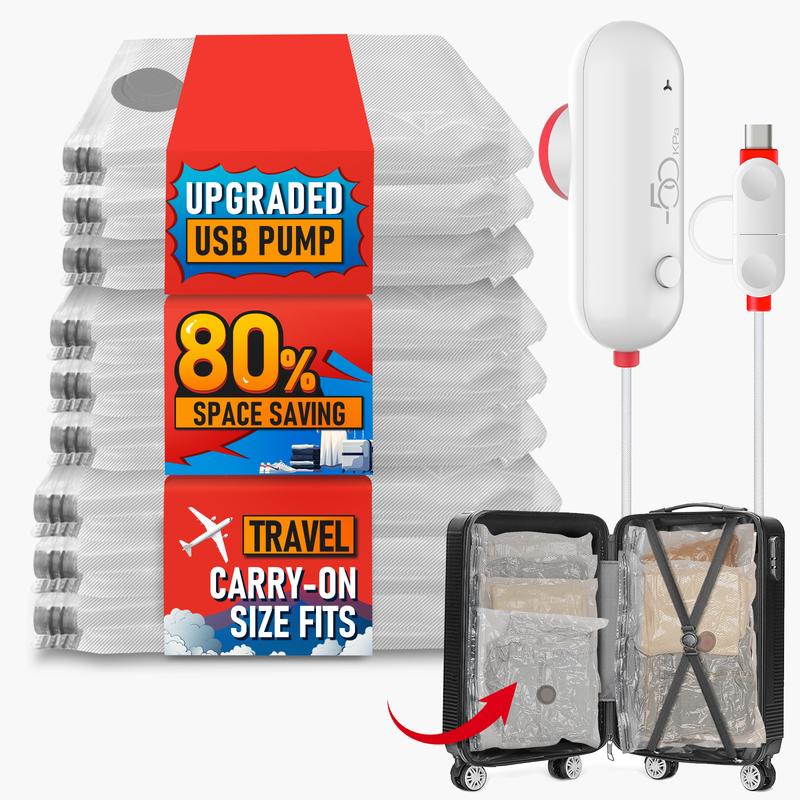 🔥9 Pack Lightweight Travel Bags with USB Electric Pump | Compact Vacuum Storage Bags for Clothes | Space Saver Compression Bags for Travel