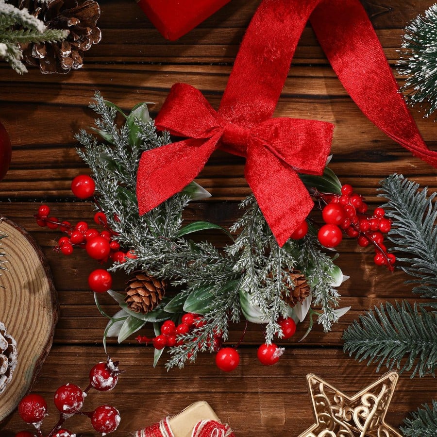Christmas Mini Window Wreaths with Ribbon Bows & Red Berries