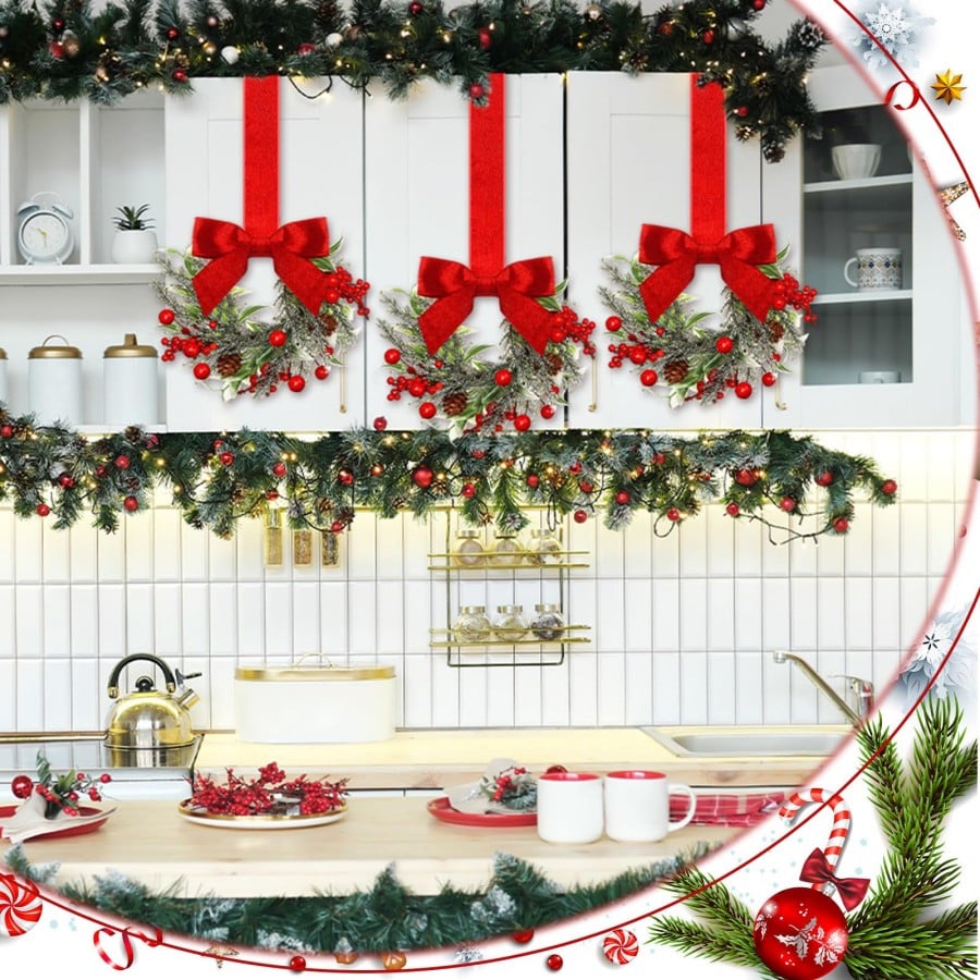 Christmas Mini Window Wreaths with Ribbon Bows & Red Berries
