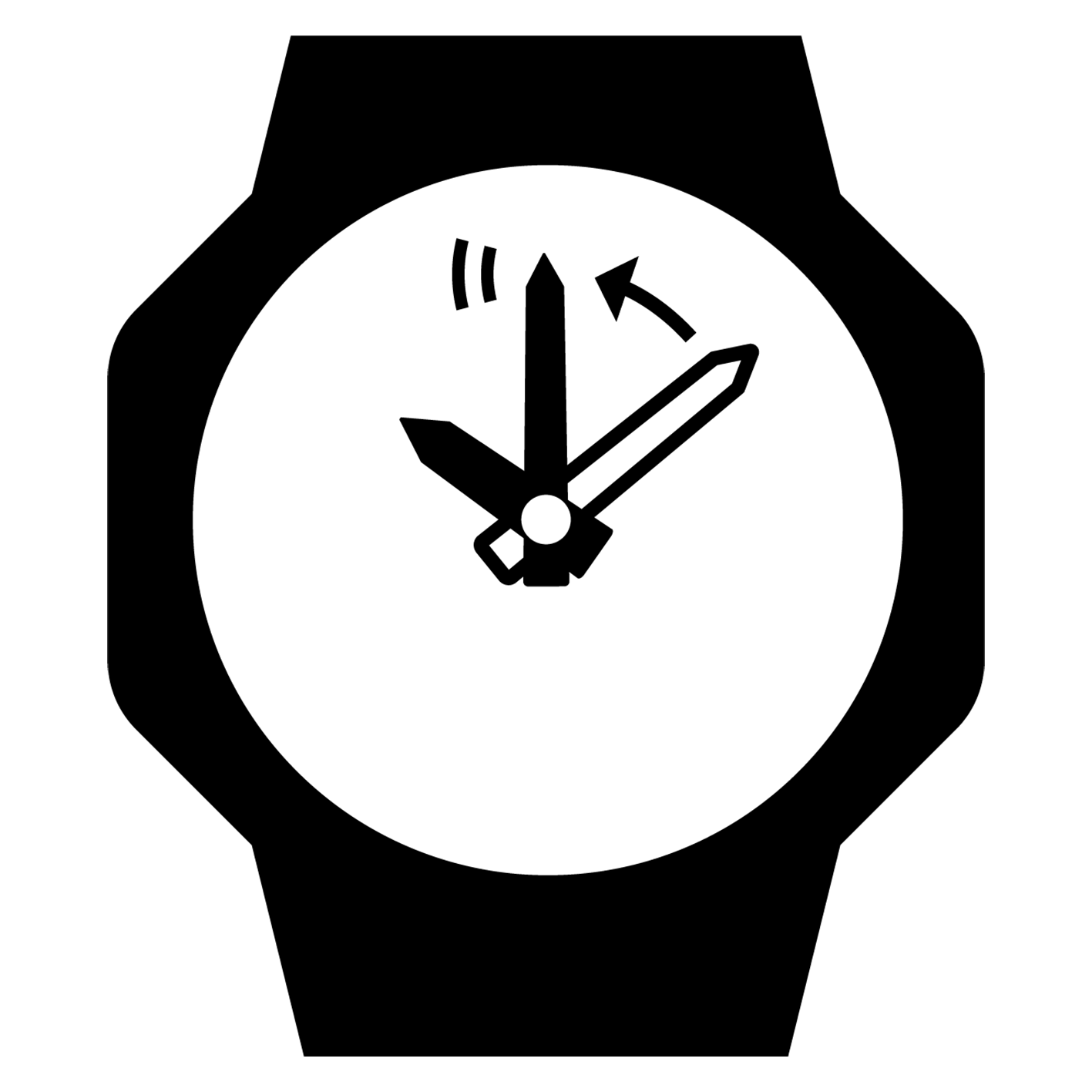 Iconographic of a watch with hands moving denoting the easy time setting
