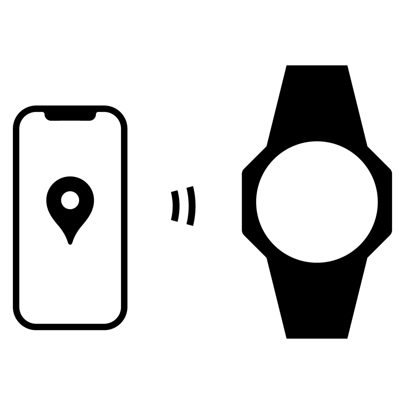 Iconographic of phone with location symbol and Bluetooth symbol connecting to watch denoting that it has a find your phone feature