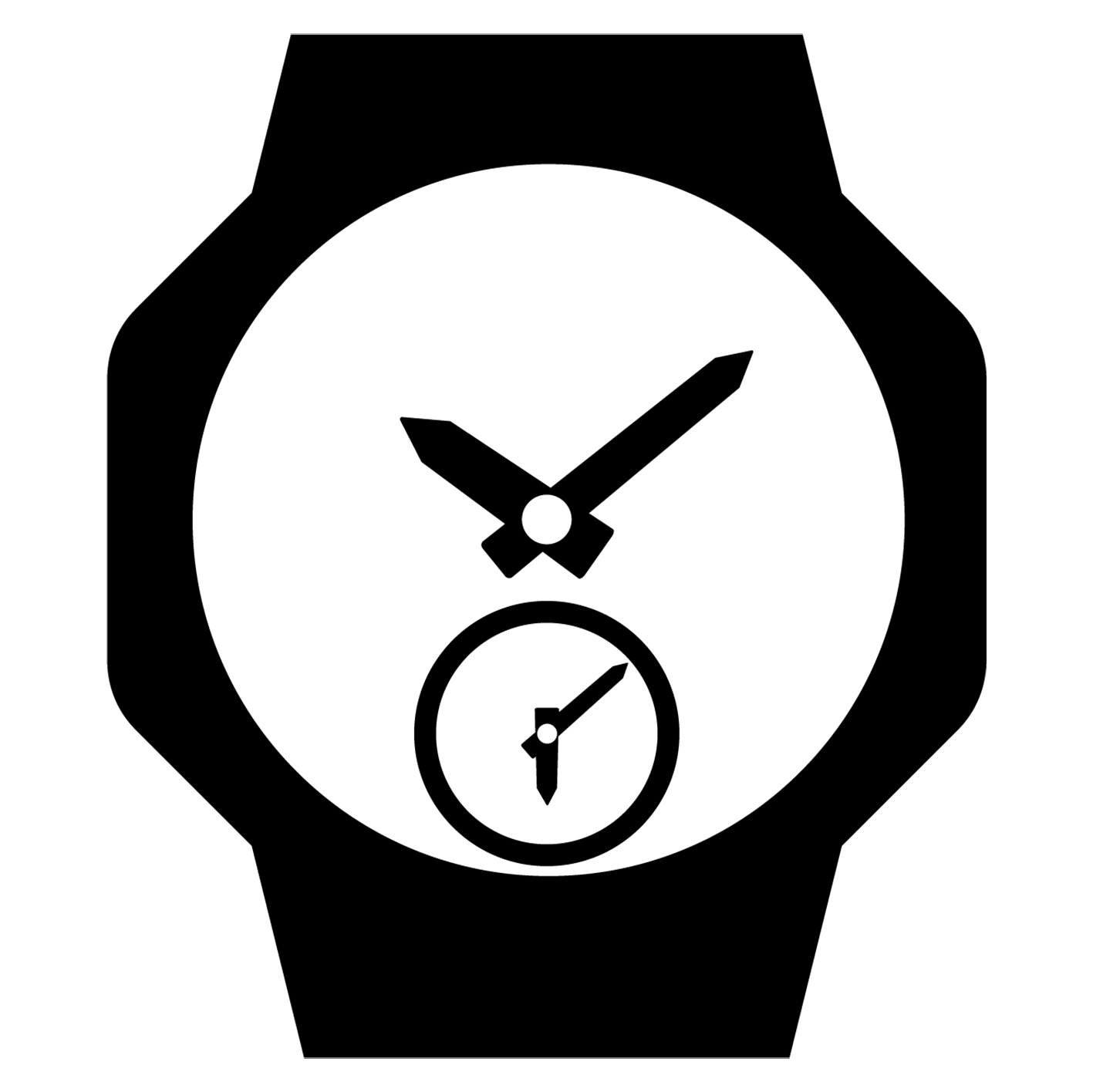 Iconographic of a watch within a watch denoting the watch's dual time abilities