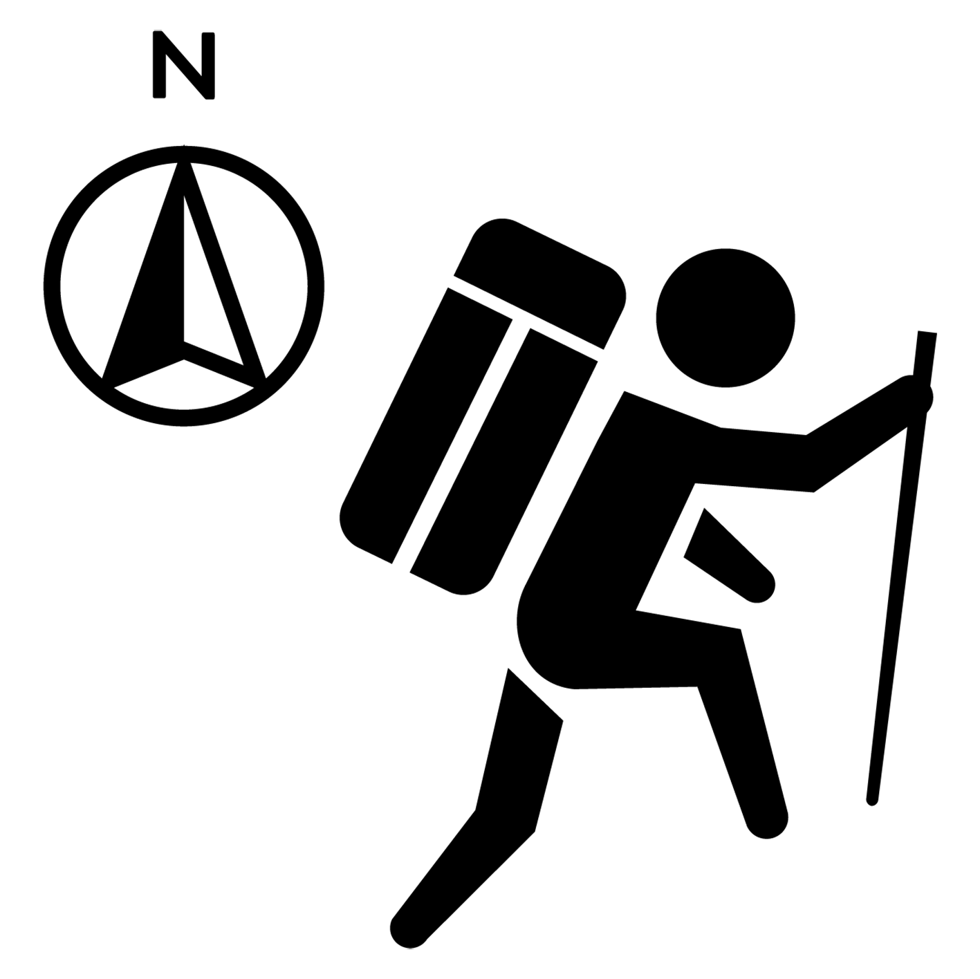 Iconographic of person hiking with a compass denoting the watch's internal compass
