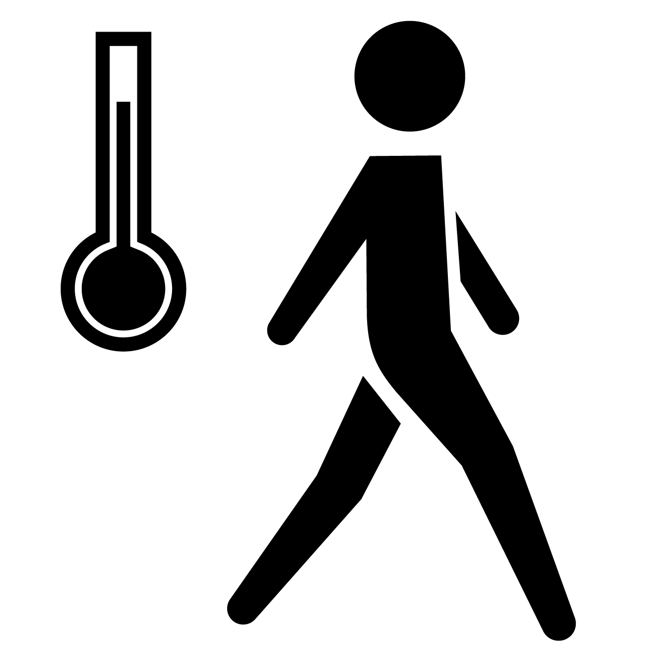 Iconographic of a person walking with a thermostat denoting the display of the current temperature