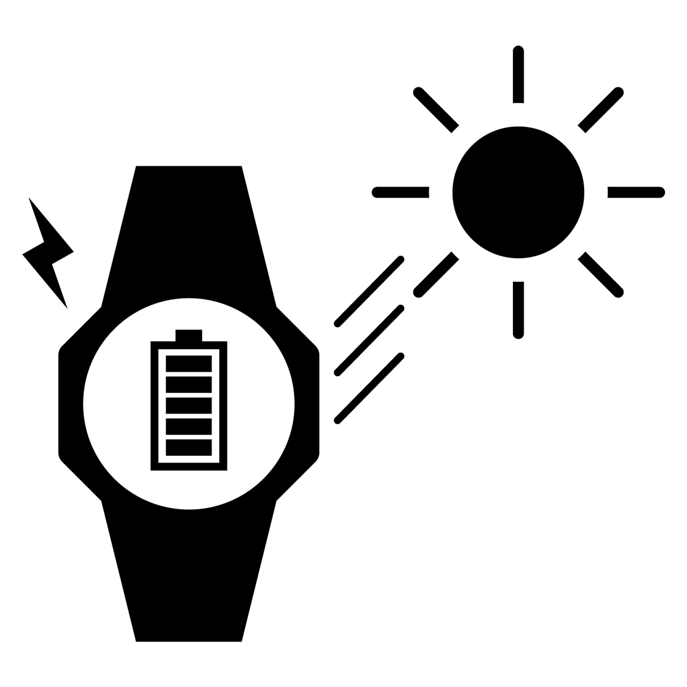 Iconographic of a fully charged watch with the sun denoting the stable solar power