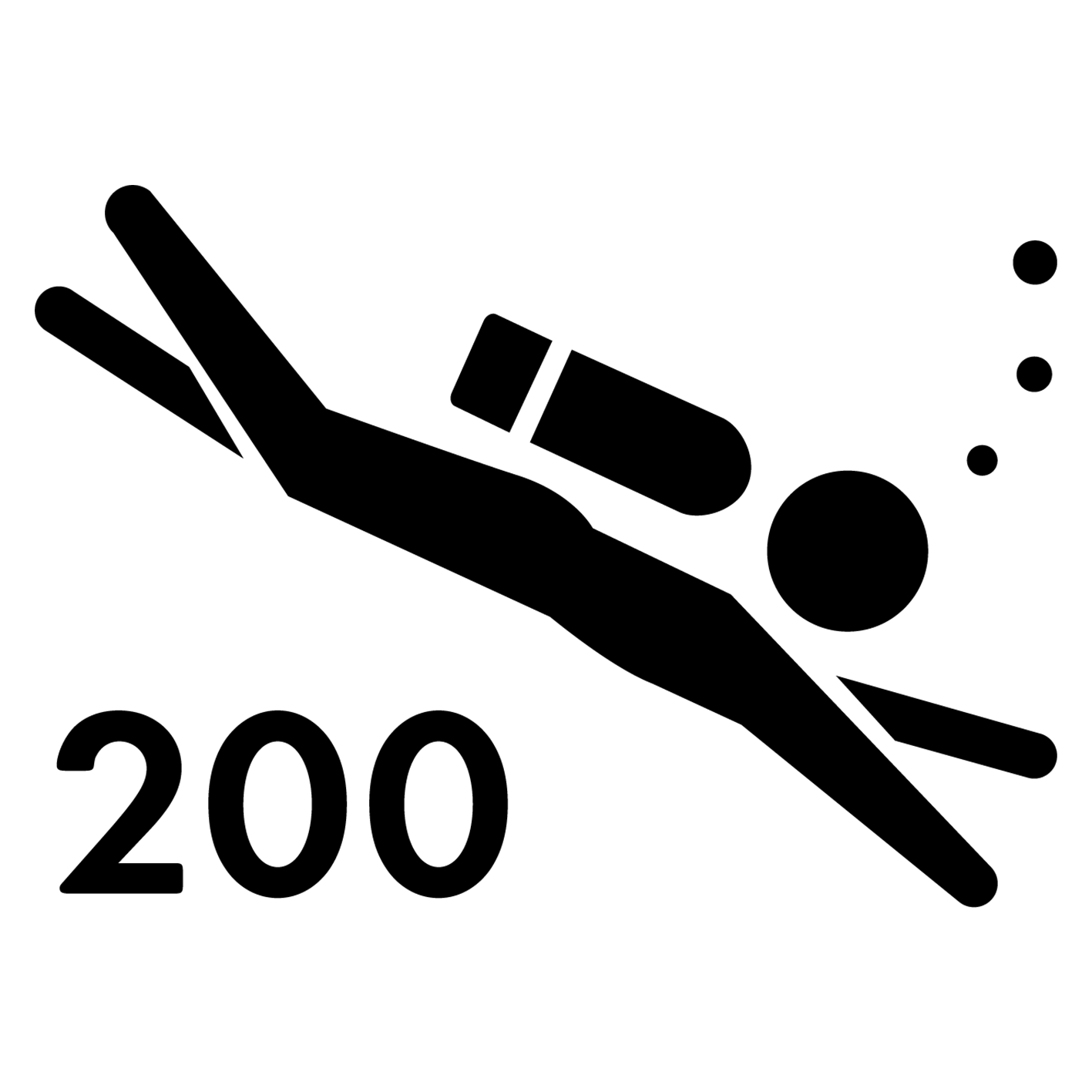 Iconographic of a person swimming with the number 200 denoting the 200 meter water resistance