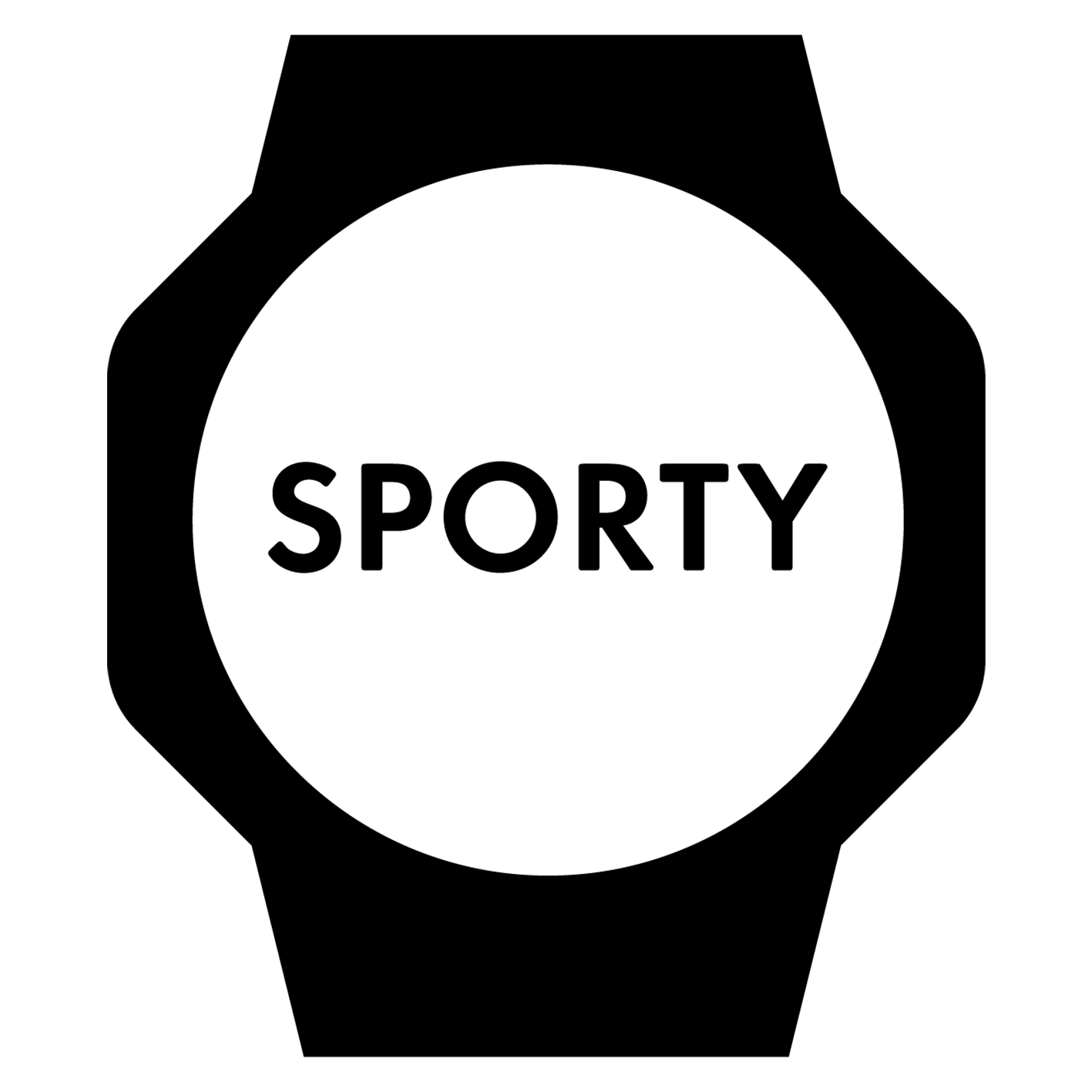 Iconographic symbol of a watch face with the text "sporty" denoting sporty design